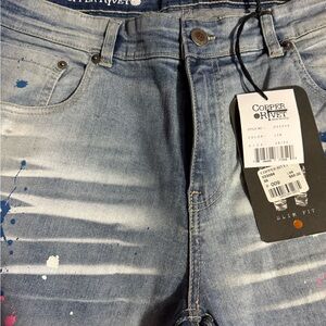 Copper Rivet Men's Light Blue Slim Fit Jeans with Paint-Splatter Detail